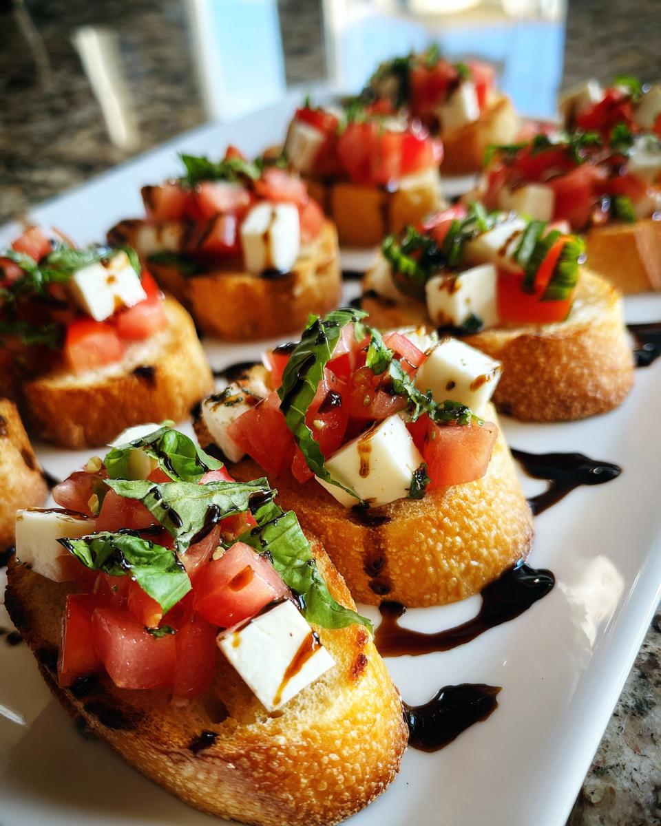 Close-up of several Caprese Crostini Ghosts topped with mozzarella, tomato, basil, and balsamic glaze on a white serving dish.
