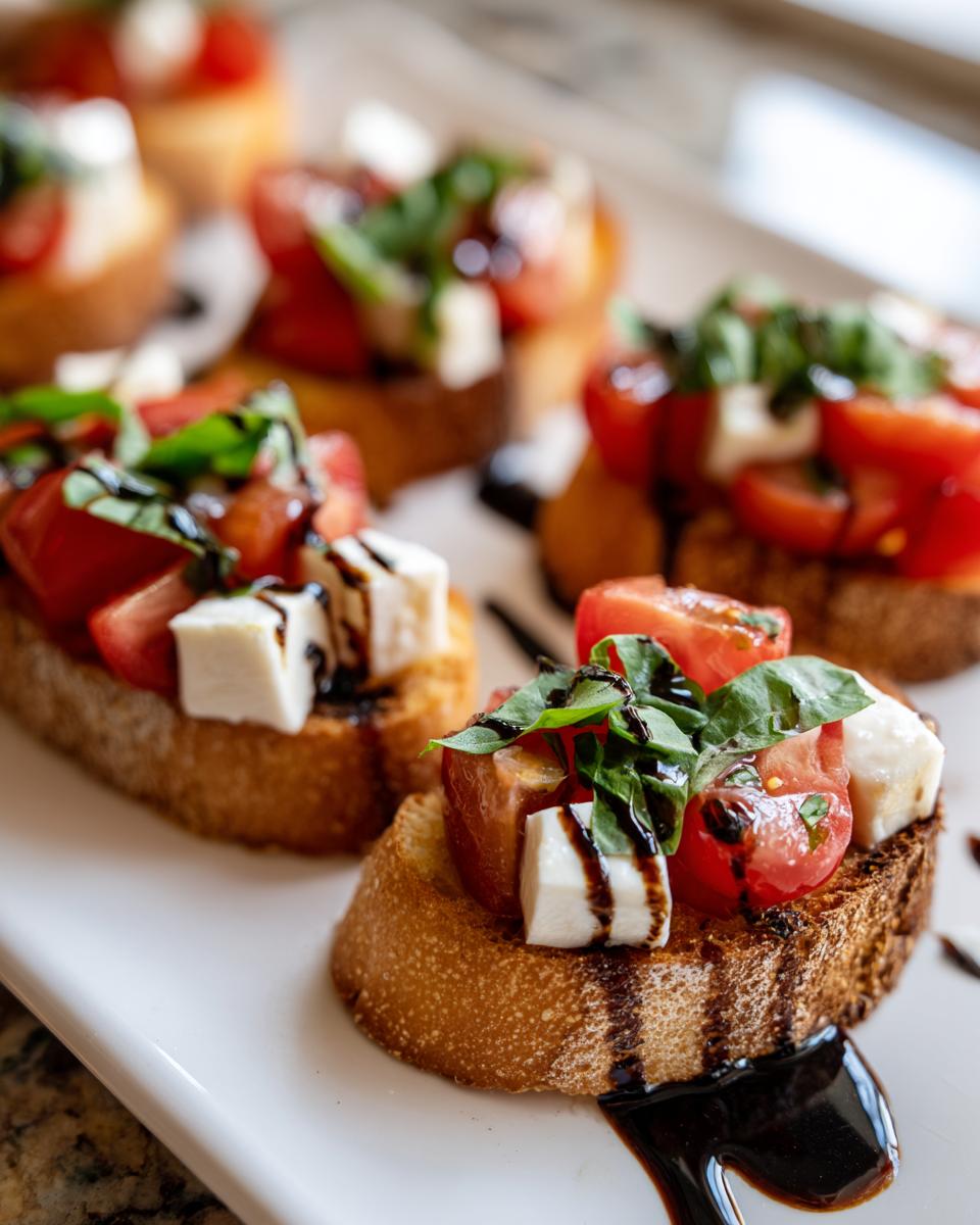 Close-up of several Caprese Crostini Ghosts topped with fresh tomatoes, mozzarella cubes, basil, and drizzled with balsamic glaze.