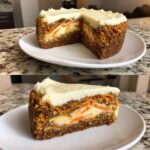 A cross-section view of the Carrot Cake Cheesecake showing layers of cake, cheesecake filling, and cream cheese frosting.