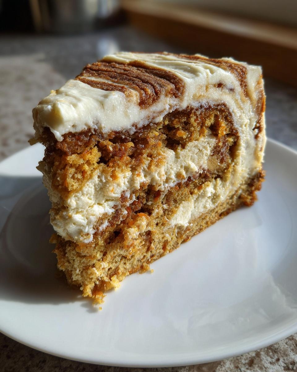 Close-up of a rich slice of Carrot Cake Cheesecake showing layers of spiced cake, creamy filling, and thick cream cheese frosting.