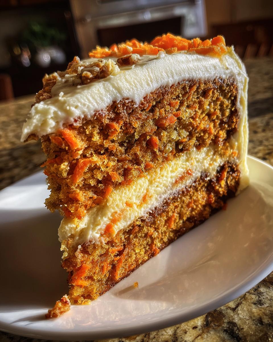 A tall slice of Carrot Cake Cheesecake showing layers of spiced cake, creamy cheesecake filling, and thick cream cheese frosting.