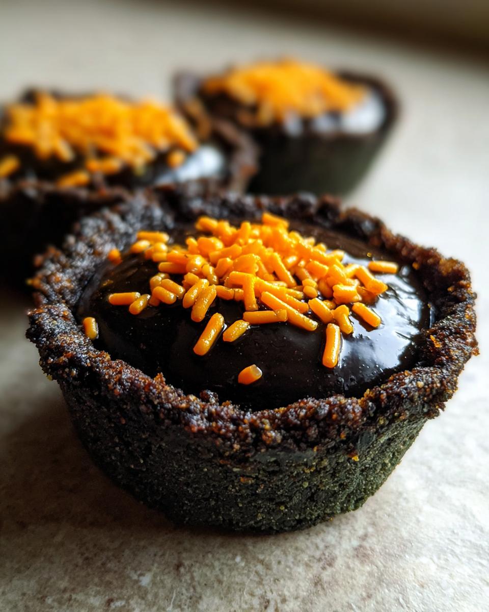 A close-up of a dark chocolate Cauldron Cookie Cup filled with glossy ganache and topped with bright orange sprinkles.