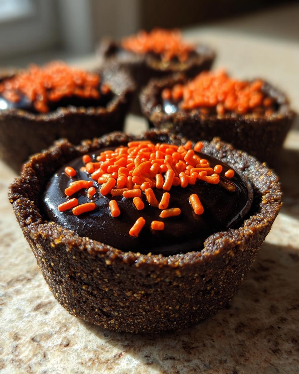 A close-up of one finished Cauldron Cookie Cup, featuring a dark chocolate shell filled with ganache and topped with bright orange sprinkles.