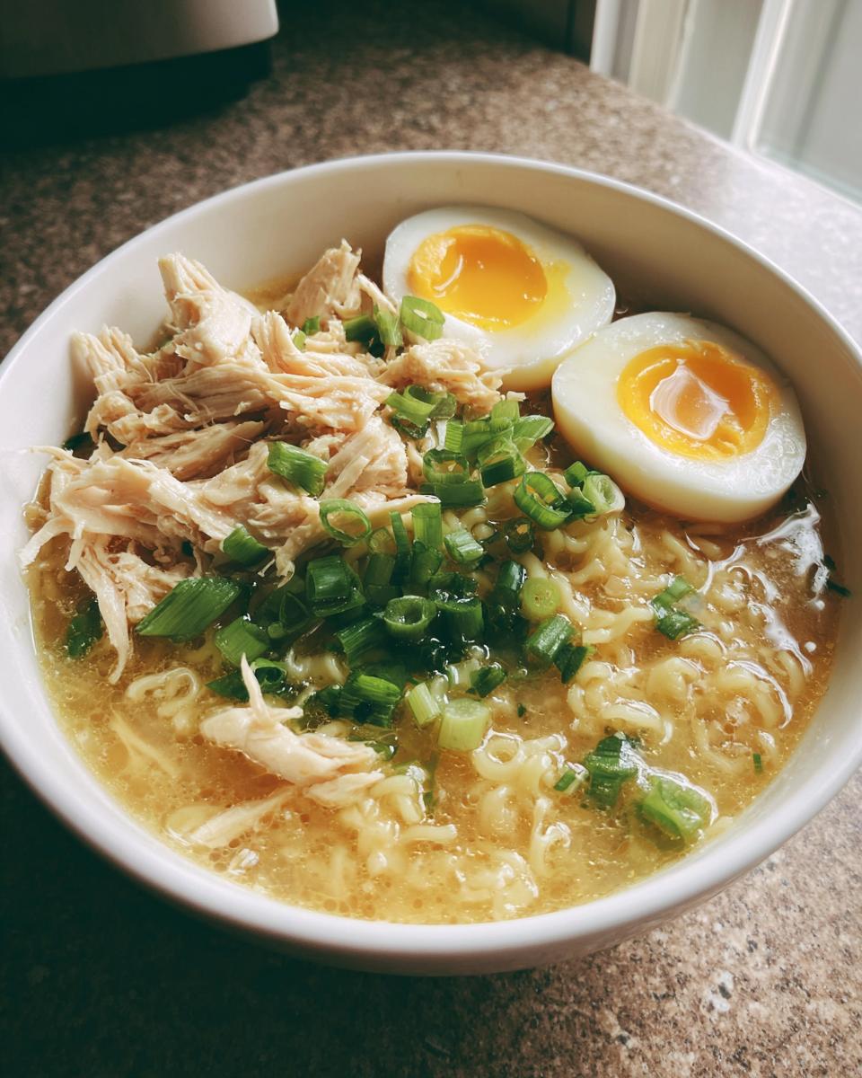 A close-up of a bowl of Chicken Miso Ramen topped with shredded chicken, green onions, and two halves of a soft-boiled egg.
