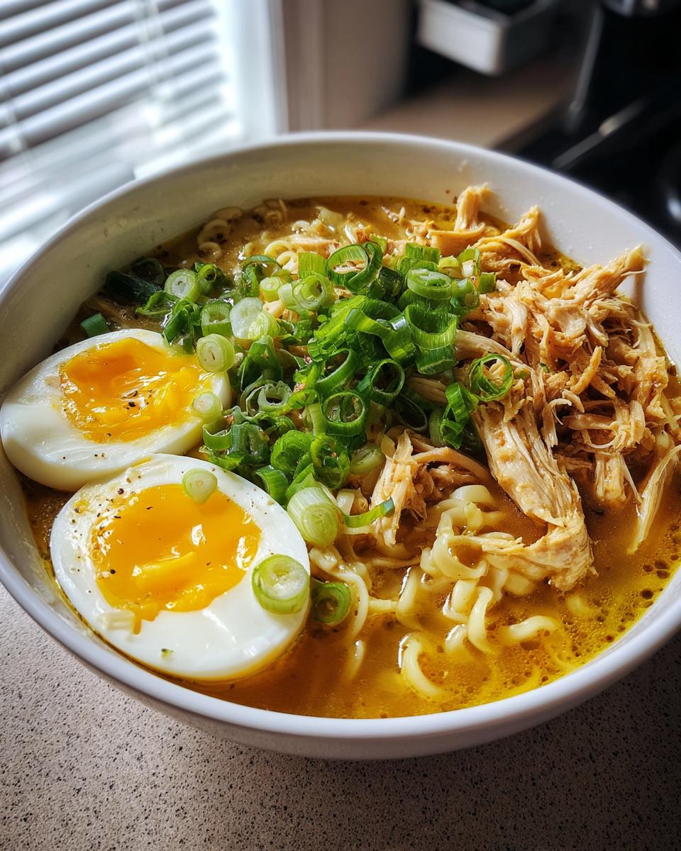 A close-up of a bowl of rich Chicken Miso Ramen topped with shredded chicken, sliced green onions, and two halves of a soft-boiled egg.