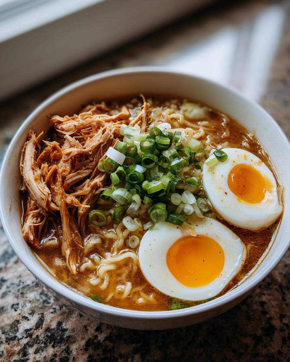A close-up of a bowl of Chicken Miso Ramen topped with shredded chicken, sliced green onions, and two soft-boiled eggs.