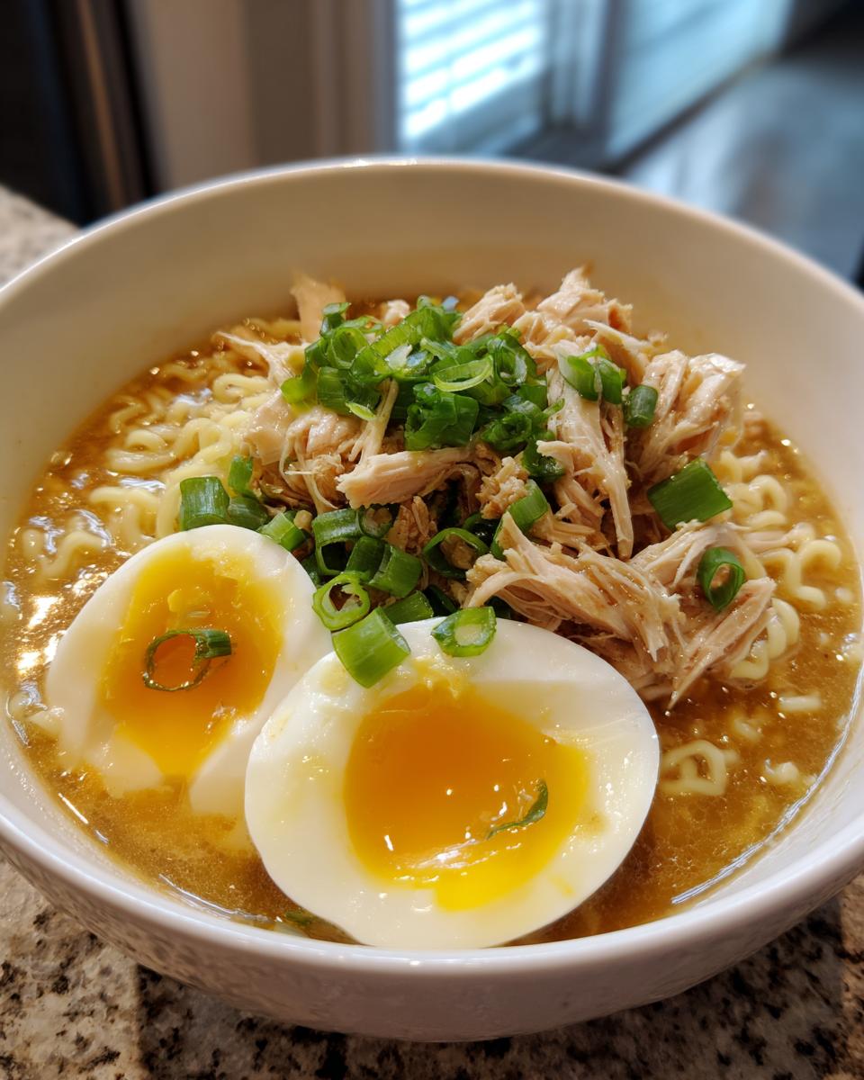 A close-up of a bowl of Chicken Miso Ramen featuring ramen noodles, shredded chicken, and a soft-boiled egg cut in half.