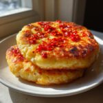Two golden-brown Chili Crisp Cottage Cheese Flatbreads stacked on a white plate, topped with bright red chili flakes.