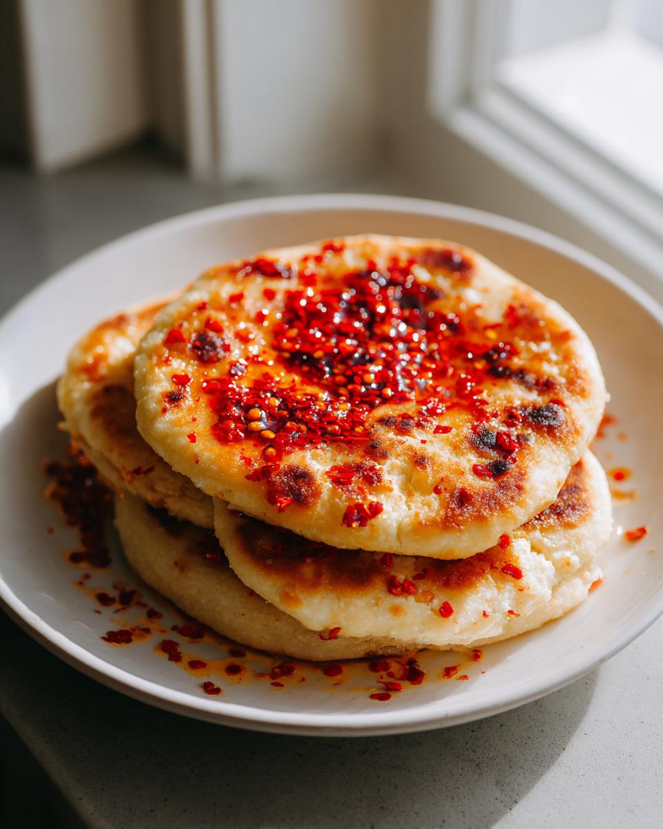 A stack of three golden-brown Chili Crisp Cottage Cheese Flatbreads drizzled generously with bright red chili crisp oil.