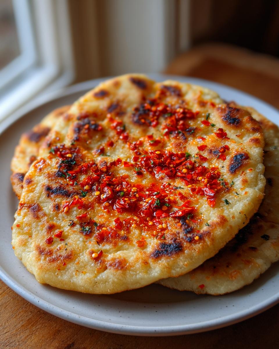 Two golden-brown Chili Crisp Cottage Cheese Flatbreads stacked on a light gray plate, topped generously with bright red chili crisp.
