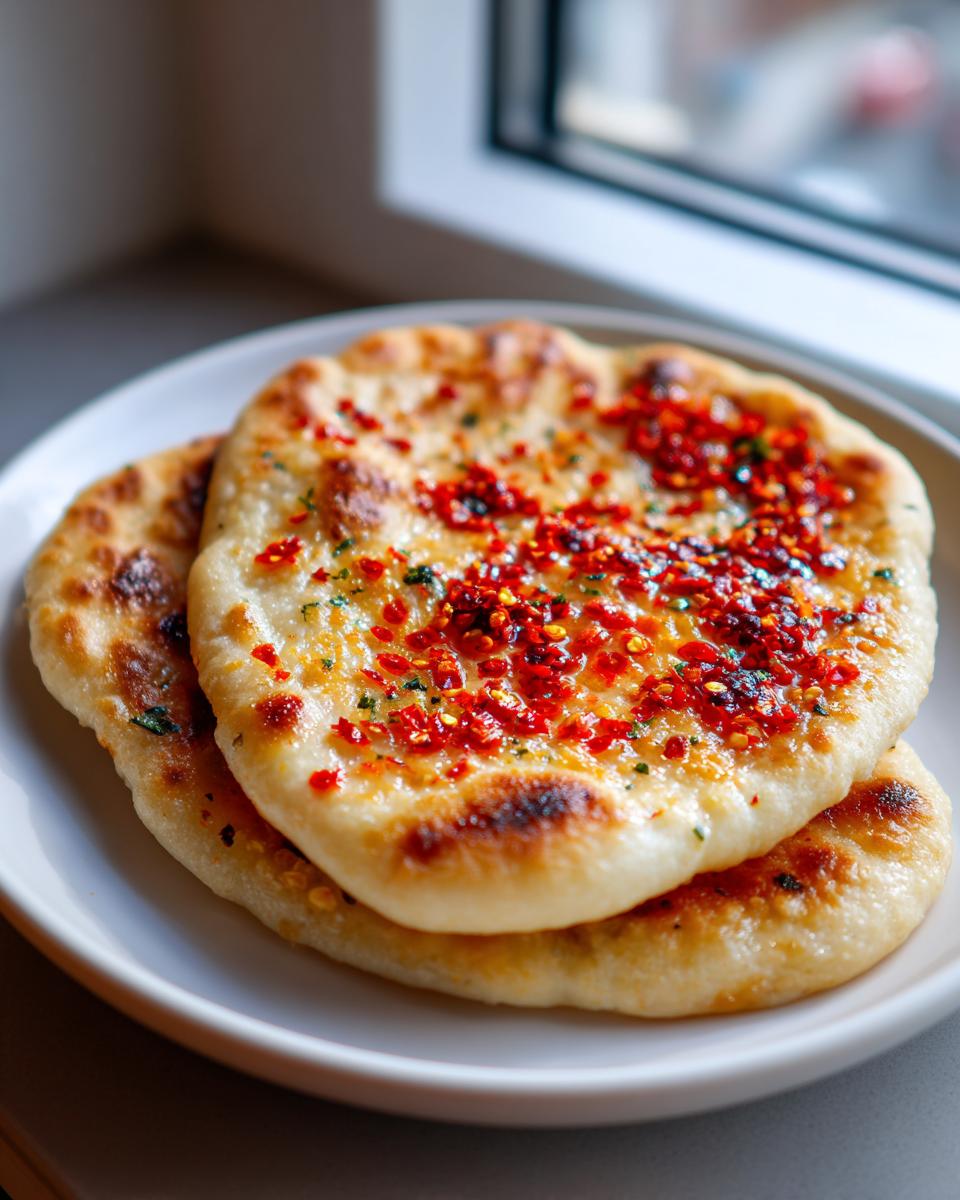 Two fluffy Chili Crisp Cottage Cheese Flatbreads stacked on a white plate, topped generously with bright red chili flakes.