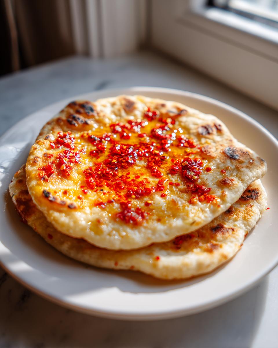 Two stacked, warm flatbreads topped generously with glistening oil and bright red chili crisp flakes, ready to eat.
