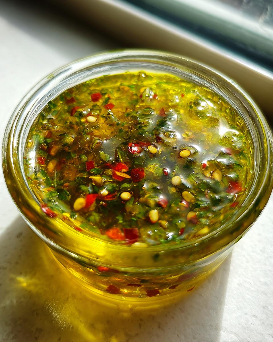 Close-up of a bright, oily Chili Lime Marinade filled with red pepper flakes and green herbs in a clear jar.