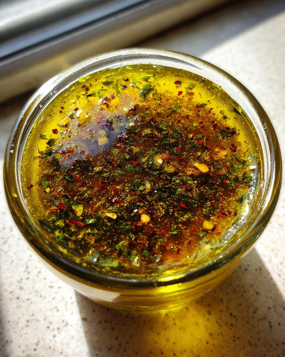 Overhead close-up of a small glass jar filled with vibrant yellow Chili Lime Marinade, showing flakes of red chili and green herbs suspended in oil.