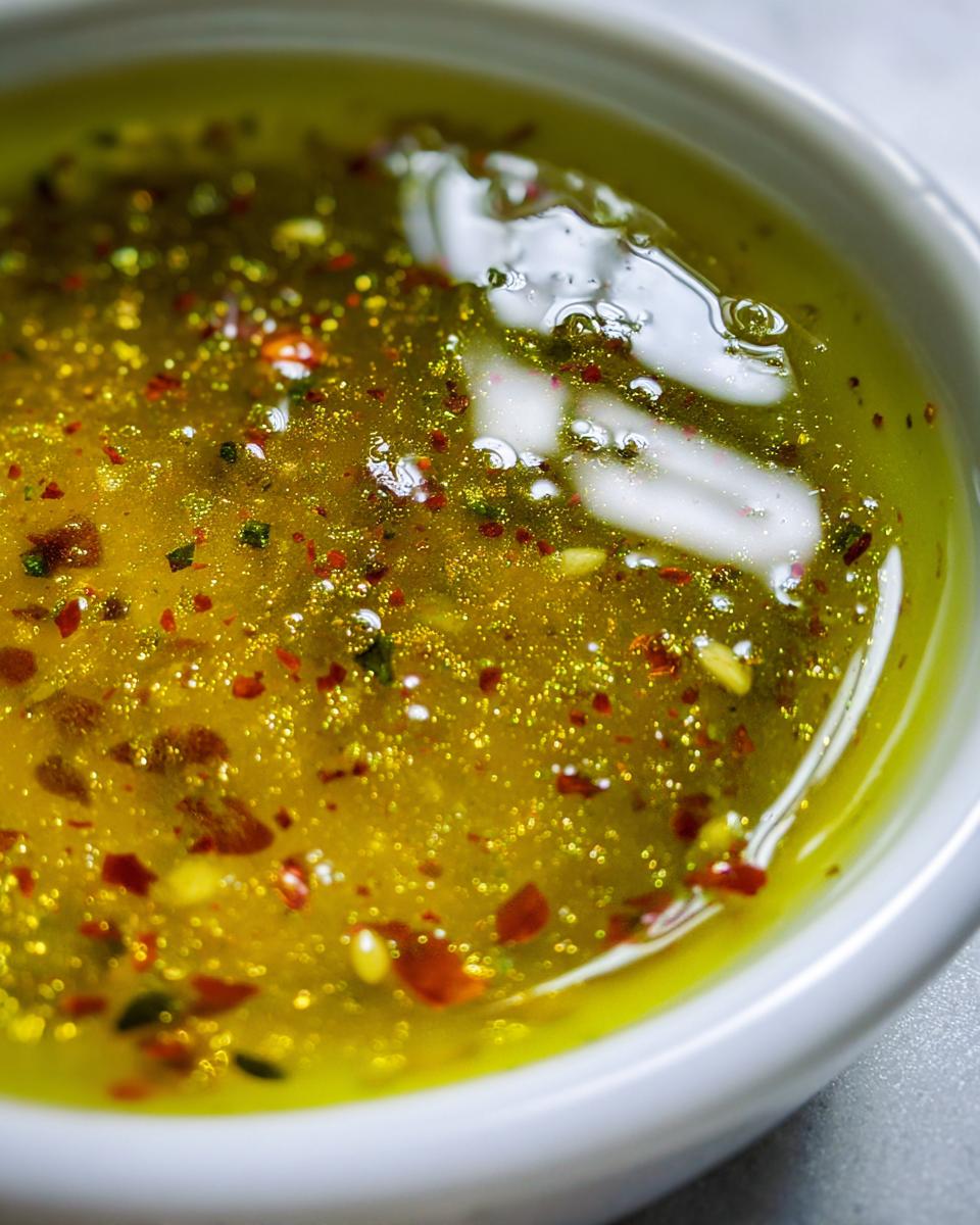 Close-up macro shot of vibrant yellow Chili Lime Marinade with visible red chili flakes and spices floating in oil.