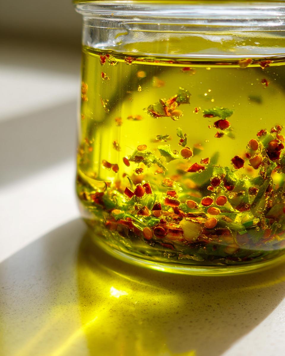 Close-up of vibrant yellow oil in a jar containing visible flakes of red chili and green herbs for a Chili Lime Marinade.