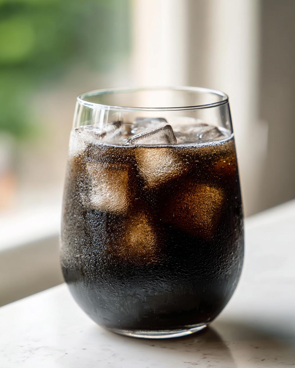 Close-up of a chilled glass filled with dark Black Lemonade and ice cubes, showing condensation on the glass.