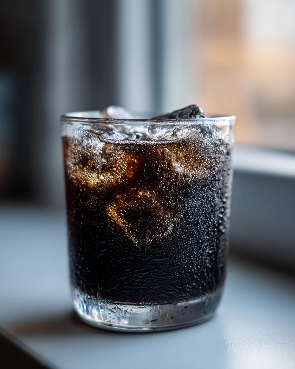 Close-up of a chilled glass filled with dark, bubbly Black Lemonade and ice cubes, showing condensation on the outside.
