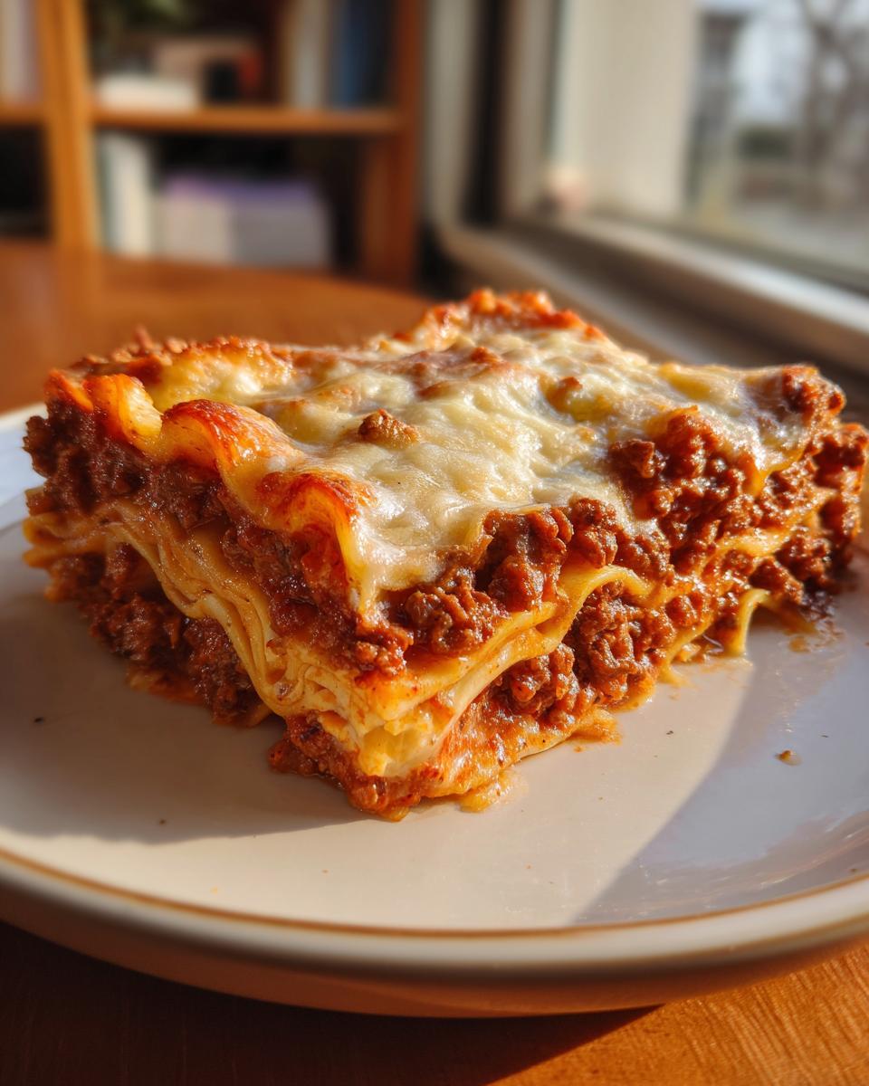 A perfectly baked slice of Classic Meat Lasagna showing layers of pasta, rich meat sauce, and melted cheese topping.