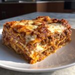 A thick, perfectly layered slice of Classic Meat Lasagna with rich meat sauce and melted, bubbly cheese topping.