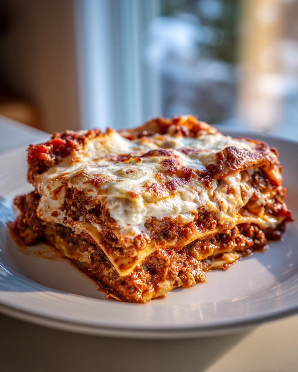 A thick, layered slice of Classic Meat Lasagna topped with bubbly, melted mozzarella cheese, sitting on a white plate.