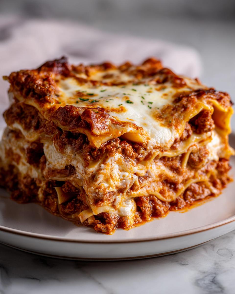 A thick, square slice of Classic Meat Lasagna showing layers of pasta, rich meat sauce, and creamy white cheese.