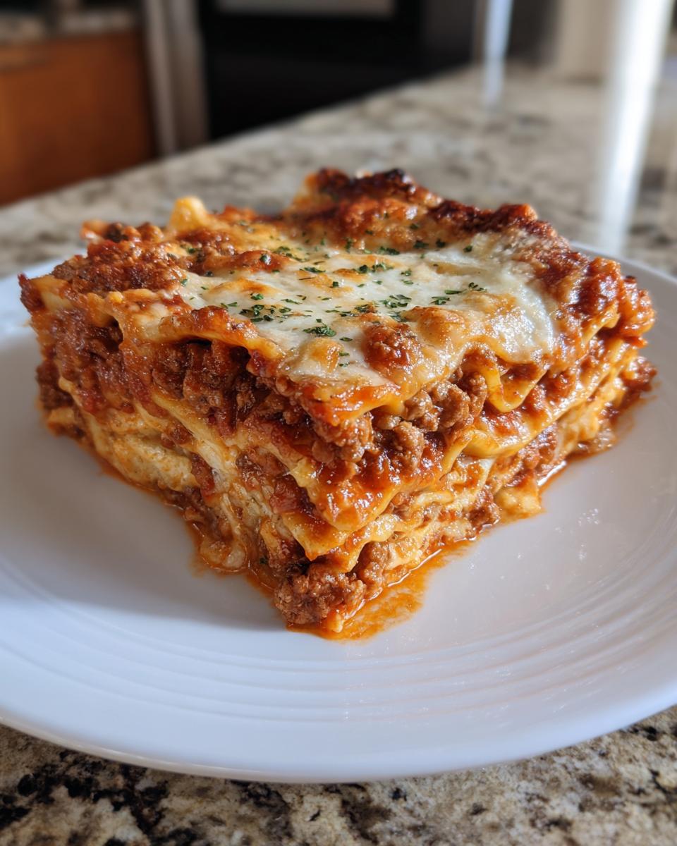 A generous, layered slice of Classic Meat Lasagna topped with melted mozzarella and parsley on a white plate.