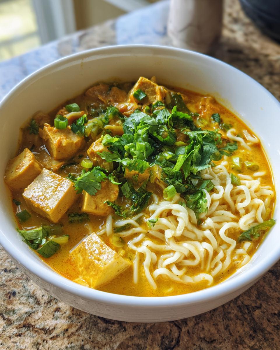 A close-up bowl of vibrant Coconut Curry Ramen featuring wavy noodles, golden tofu cubes, and a generous topping of fresh green cilantro and scallions.