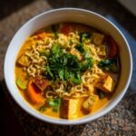 A close-up overhead shot of a white bowl filled with rich, orange Coconut Curry Ramen, featuring noodles, crispy tofu, and fresh cilantro.
