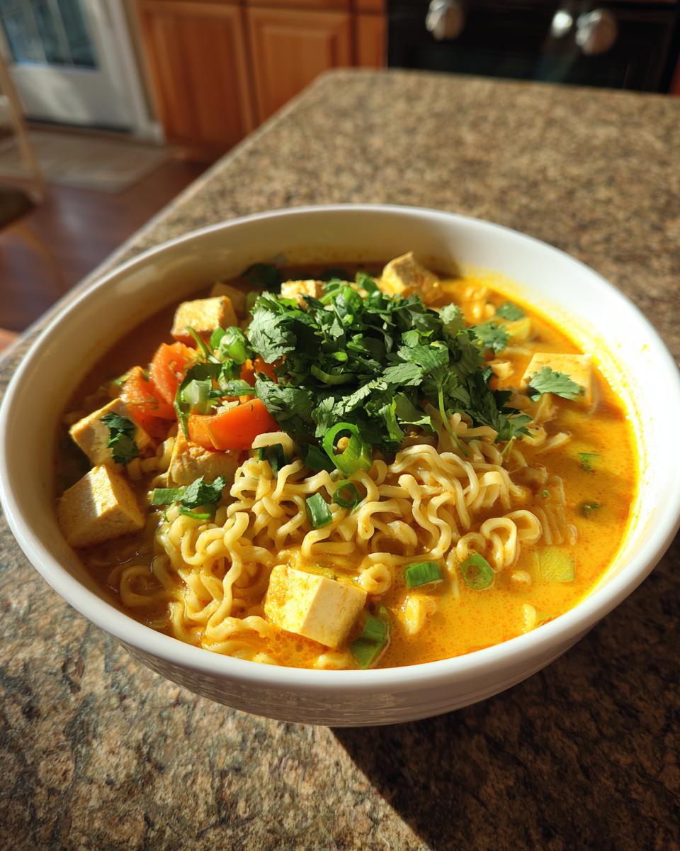 A white bowl filled with vibrant Coconut Curry Ramen noodles, tofu cubes, and topped generously with fresh cilantro.