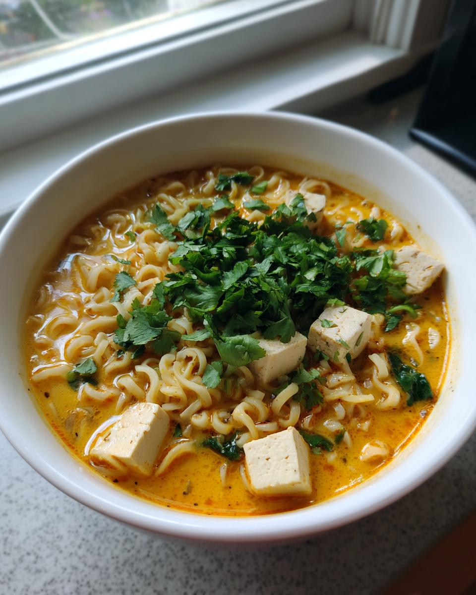 A close-up view of a white bowl filled with vibrant Coconut Curry Ramen, featuring noodles, tofu cubes, and a generous topping of fresh cilantro.