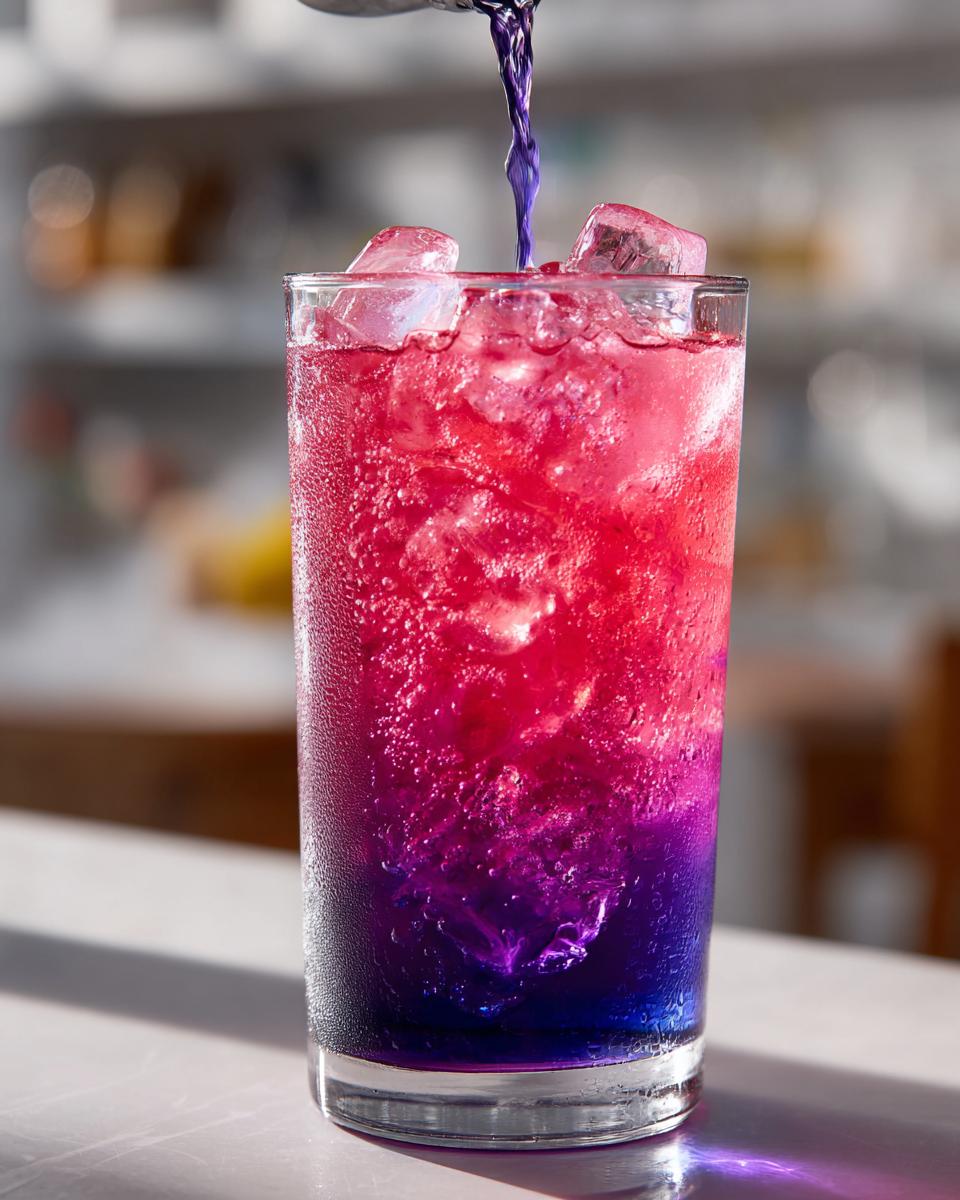 A glass of Color Changing Lemonade showing a dramatic gradient from deep blue at the bottom to bright pink/red at the top as purple liquid is poured in.