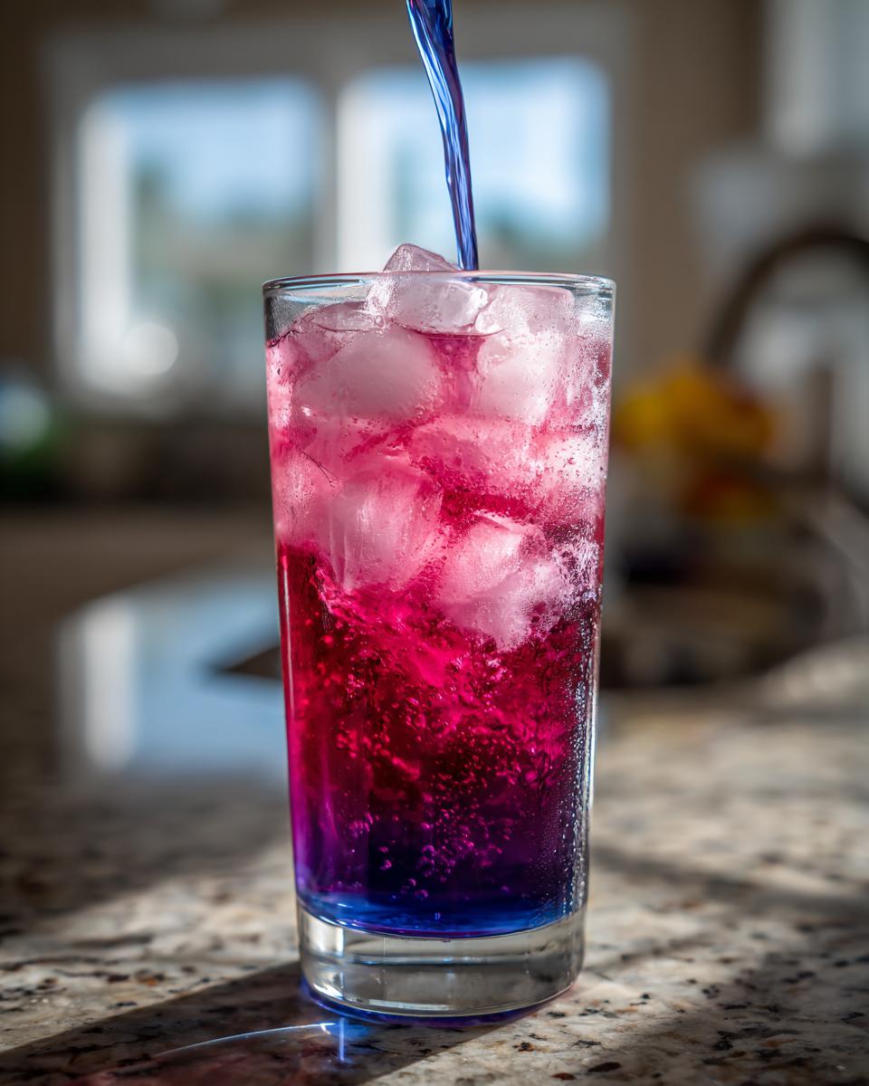 A tall glass of Color Changing Lemonade showing a vibrant transition from blue liquid at the bottom to bright pink/magenta as a blue stream is poured in.