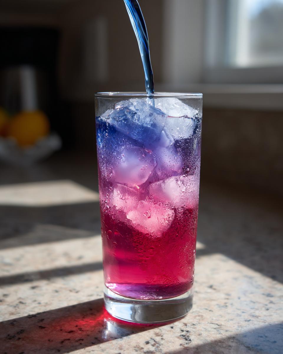 Blue liquid being poured into a glass of ice, causing the pink liquid below to change color for Color Changing Lemonade.