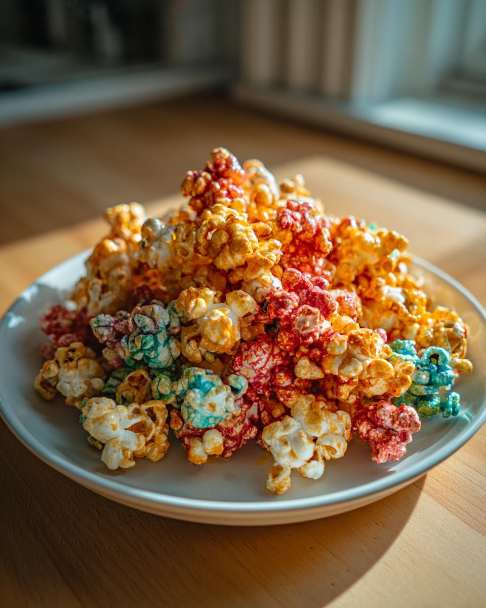 A mound of brightly colored Hocus Pocus Popcorn in shades of red, yellow, and blue, served on a white plate.
