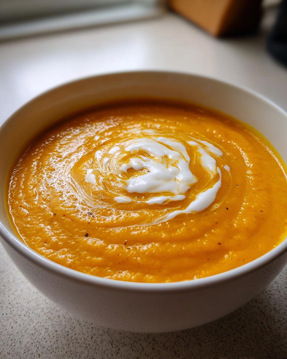 Close-up of a bowl of vibrant orange Acorn Squash Soup, topped with a swirl of white cream.