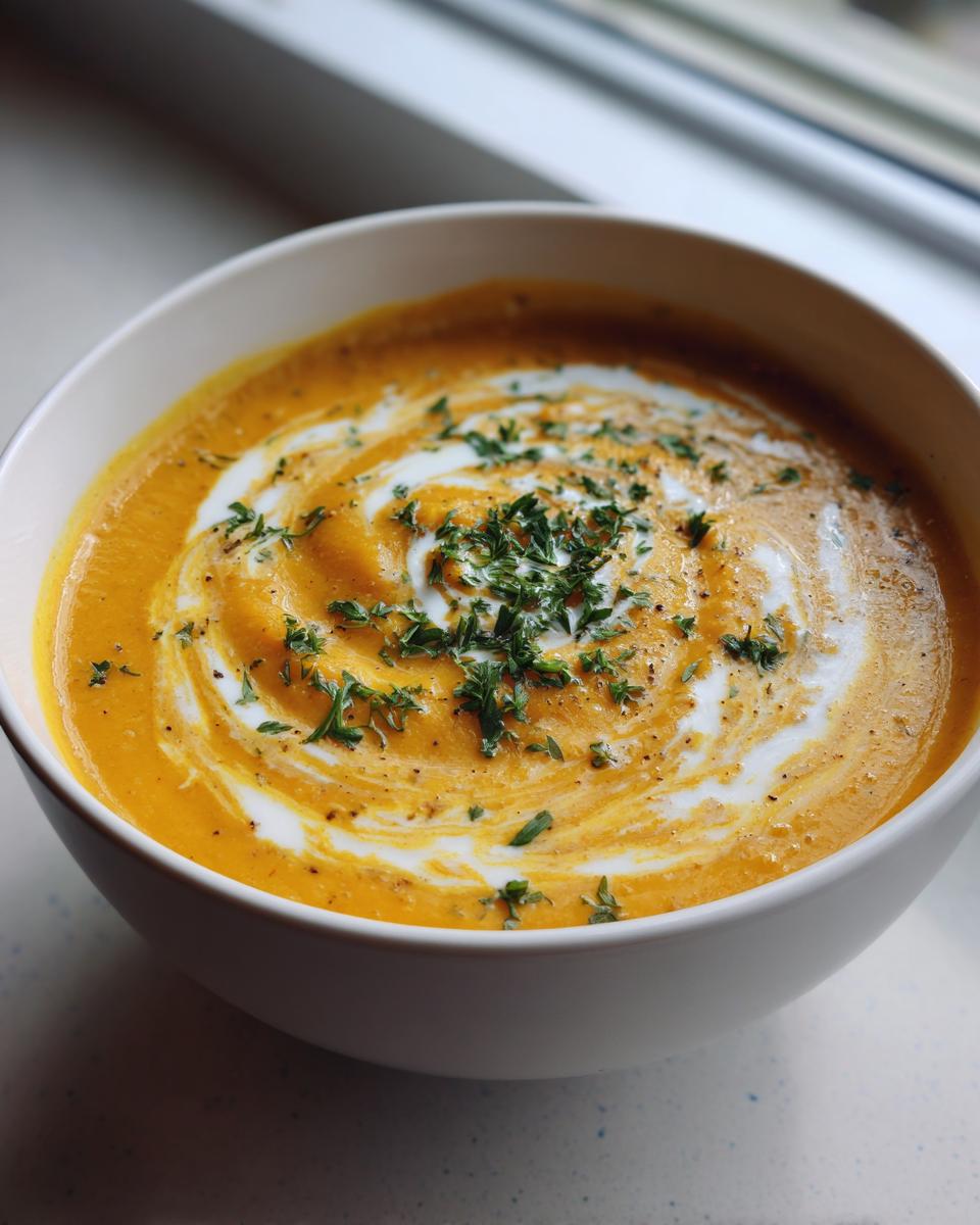A close-up of creamy orange Acorn Squash Soup swirled with cream and topped with fresh chopped parsley.