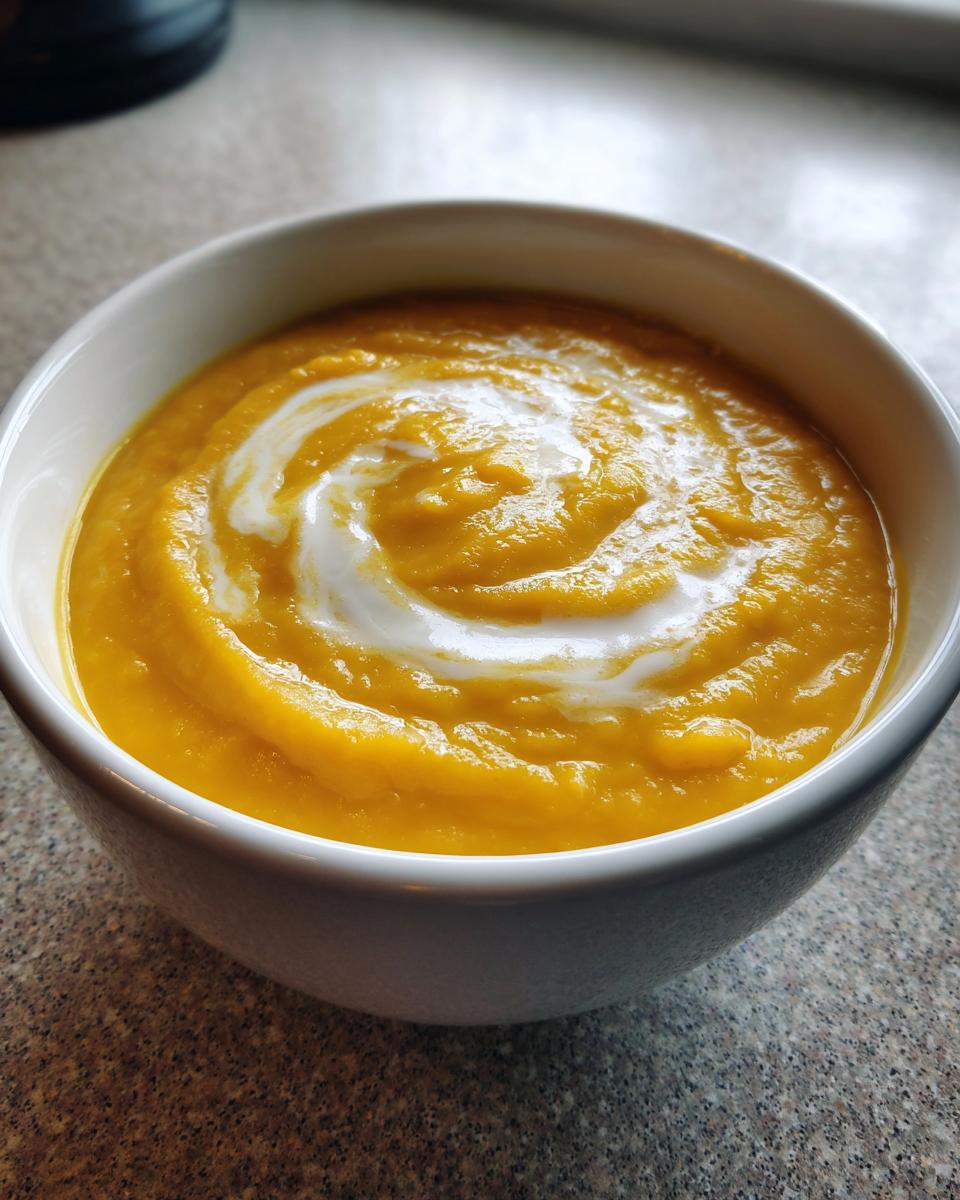 Close-up of vibrant orange Acorn Squash Soup in a white bowl, garnished with a white cream swirl.