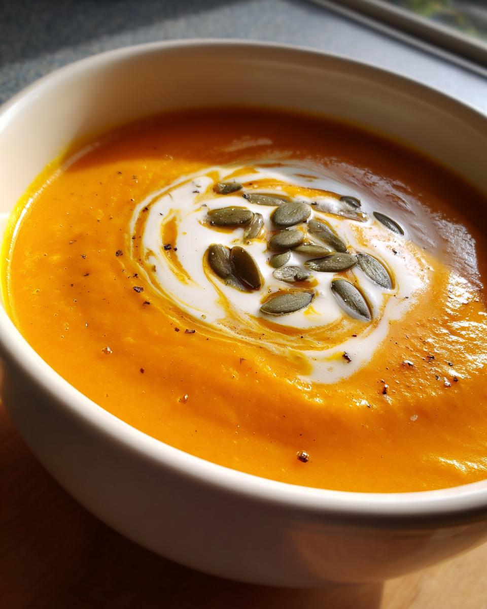 Close-up of vibrant orange Acorn Squash Soup topped with a swirl of cream and toasted pumpkin seeds (pepitas).