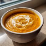 A close-up of creamy, orange Acorn Squash Soup topped with a swirl of cream and cracked black pepper.