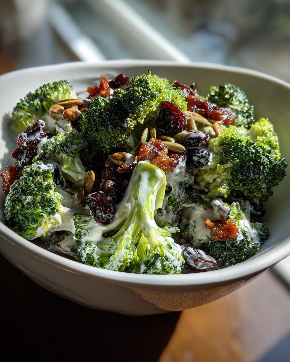 A close-up of a creamy Broccoli Bacon Salad featuring bright green florets, crispy bacon bits, dried cranberries, and pumpkin seeds.