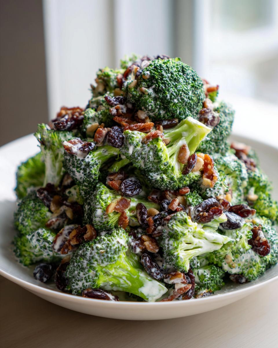 A close-up, vibrant image of Broccoli Bacon Salad featuring fresh broccoli florets coated in a creamy dressing, topped with bacon bits, raisins, and nuts.