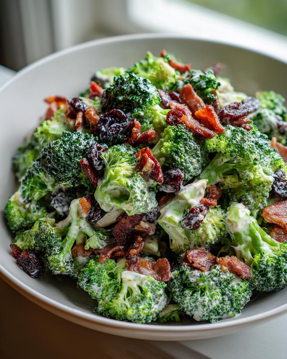A close-up view of a creamy Broccoli Bacon Salad featuring bright green florets, crispy bacon pieces, and dried cranberries.