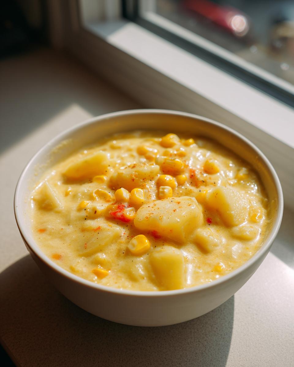 Close-up of a creamy bowl of Potato Corn Chowder, featuring chunks of potato and bright yellow corn kernels, sprinkled with paprika.
