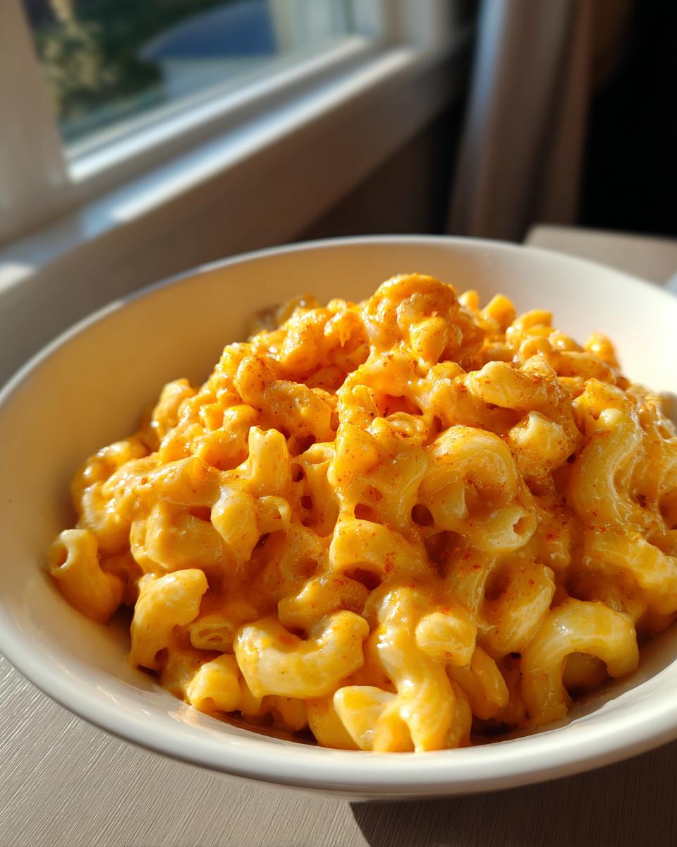 A close-up of creamy Pumpkin Ale Mac And Cheese served in a white bowl, dusted with paprika.