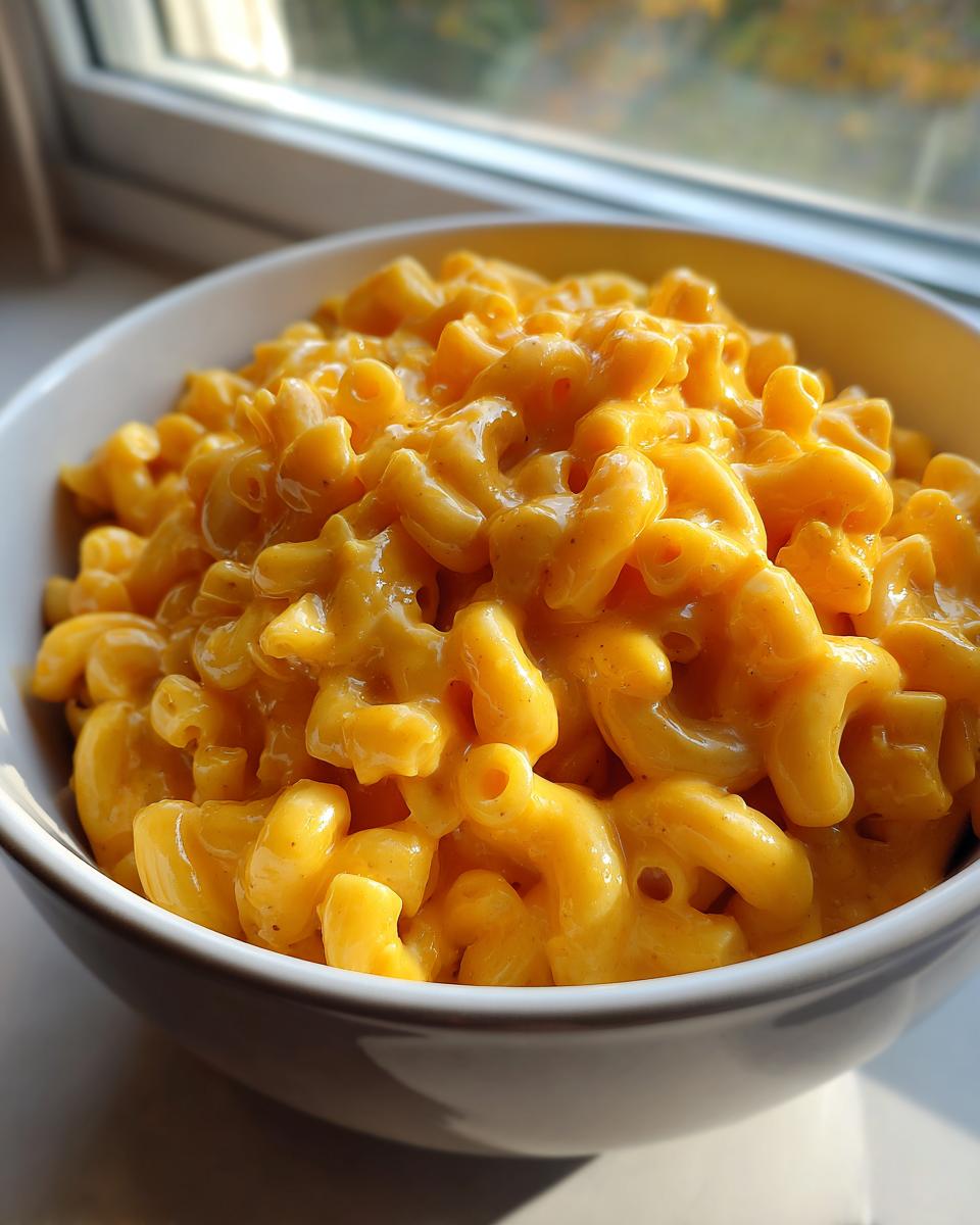 Close-up of creamy, bright orange Pumpkin Ale Mac And Cheese served in a white bowl near a window.