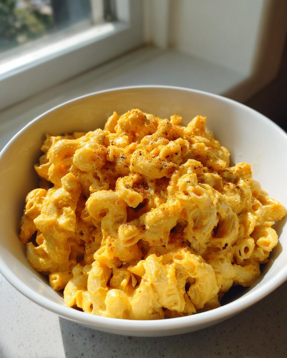 A close-up of creamy Pumpkin Ale Mac And Cheese served in a white bowl, dusted with spices.