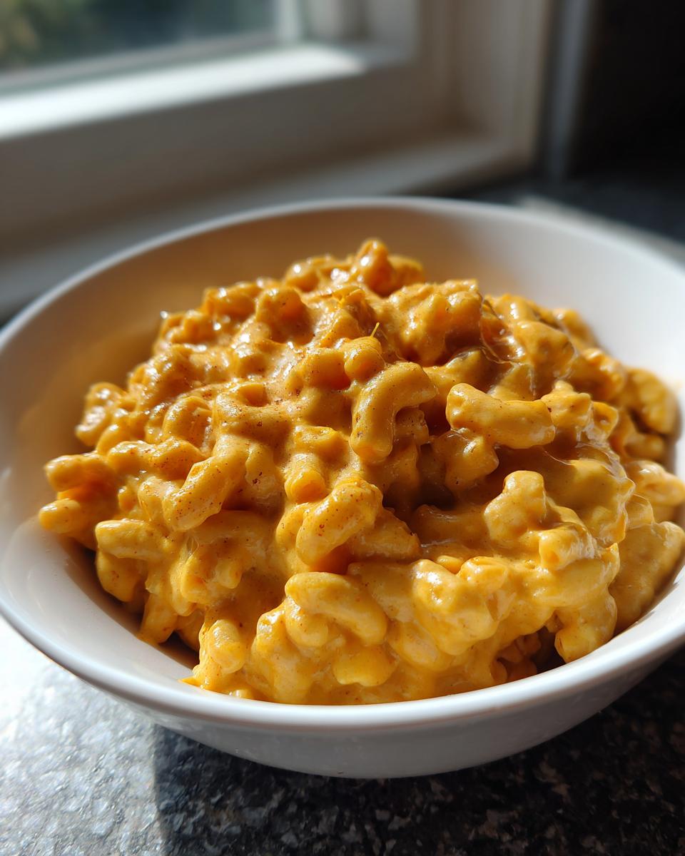 A close-up of a white bowl filled with creamy, orange Pumpkin Ale Mac And Cheese, served indoors near a window.