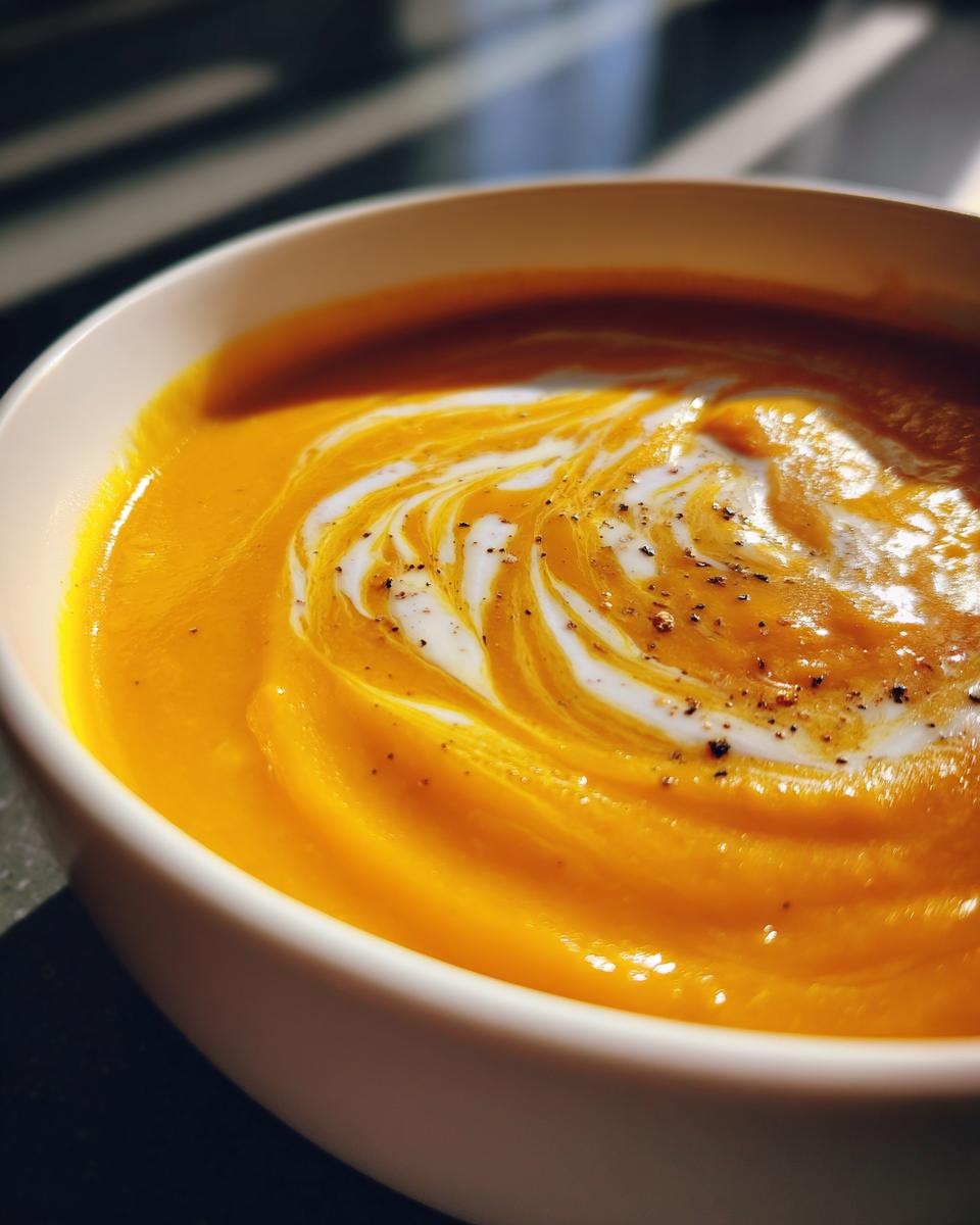 Close-up of vibrant orange Pumpkin Soup swirled with cream and topped with cracked black pepper.