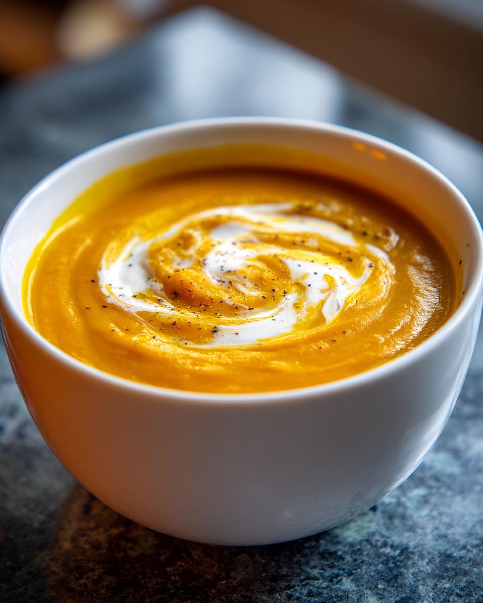 Close-up of a white bowl filled with vibrant orange Pumpkin Soup, swirled with cream and sprinkled with black pepper.